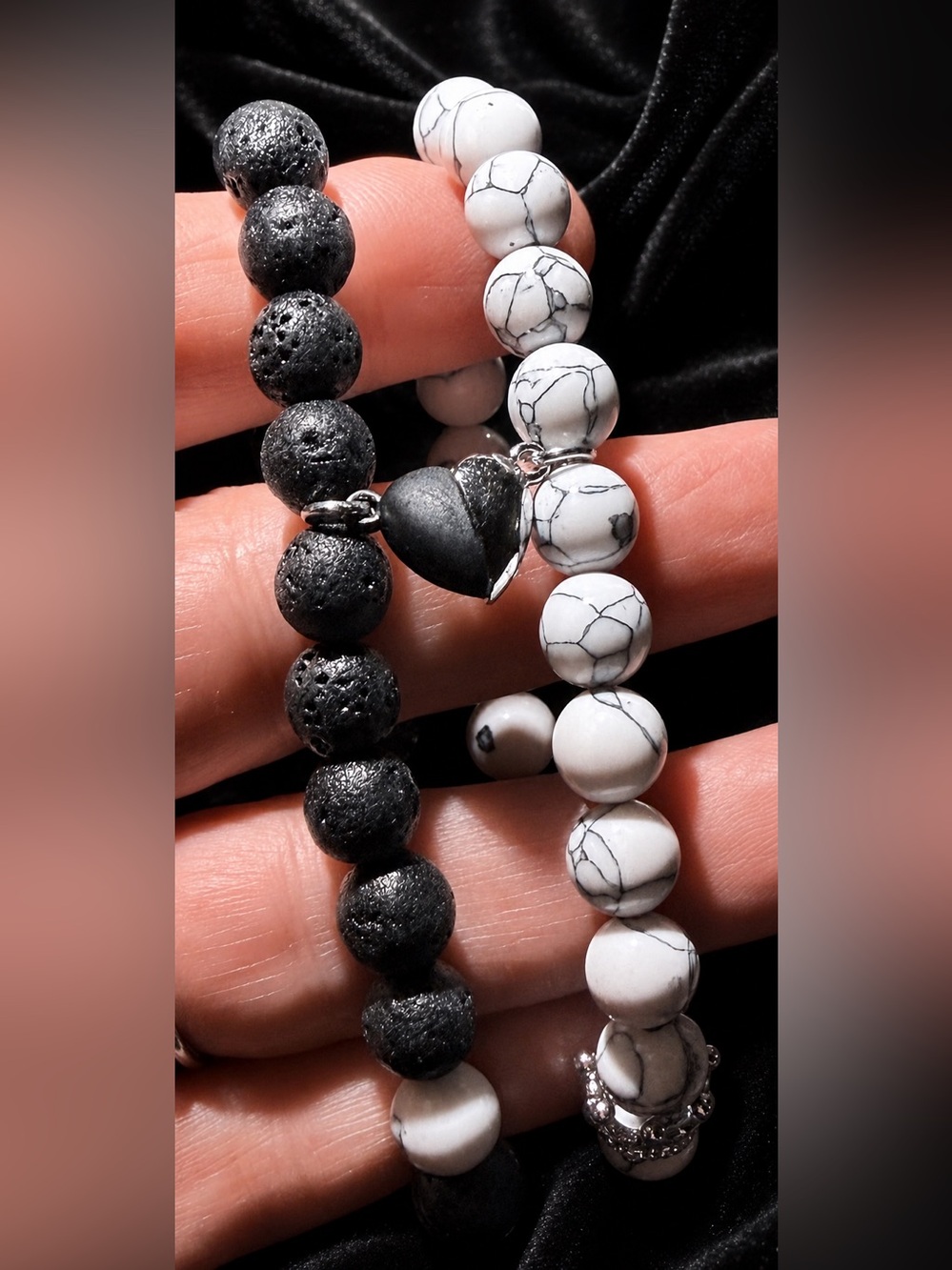 King/Queen Couples Bracelets in Black Lava Stone and White Howlite with Heart